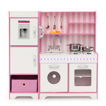 Kids Kitchen Playset Wooden Toy with Adjustable LED Lights and Washing Machine