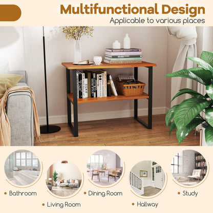 2-Tier Teak Wood End Table Sofa Side for Living Room Hallway Laundry