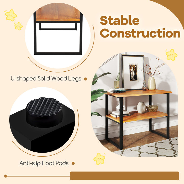 2-Tier Teak Wood End Table Sofa Side for Living Room Hallway Laundry