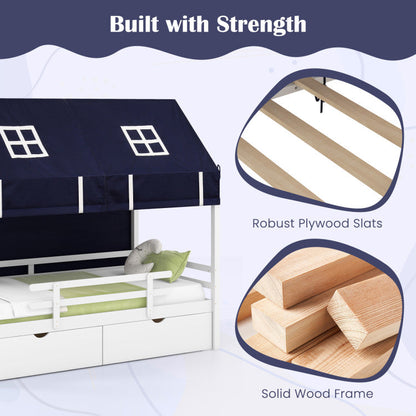 Twin House Bed with Tent and 2 Storage Drawers for Kids