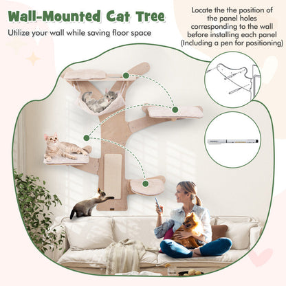 Wall-Mounted Cat Tower with Hammock Platforms and Sisal Scratching Mat