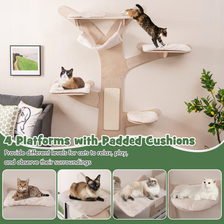 Wall-Mounted Cat Tower with Hammock Platforms and Sisal Scratching Mat