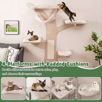 Wall-Mounted Cat Tower with Hammock Platforms and Sisal Scratching Mat