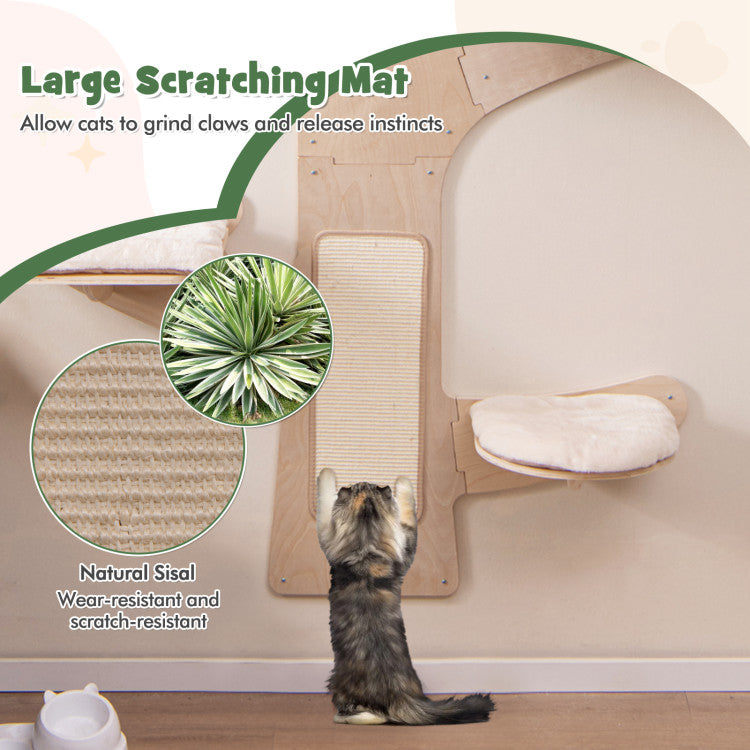 Wall-Mounted Cat Tower with Hammock Platforms and Sisal Scratching Mat