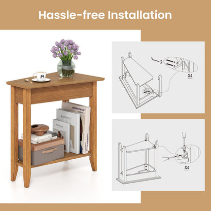 2-Tier Wedge Narrow End Table with Storage Shelf and Solid Wood Legs