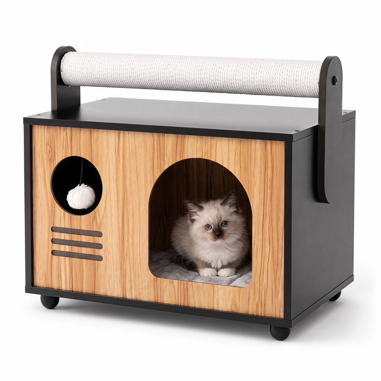 Wooden Cat House with Scratching Post