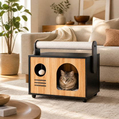 Wooden Cat House with Scratching Post