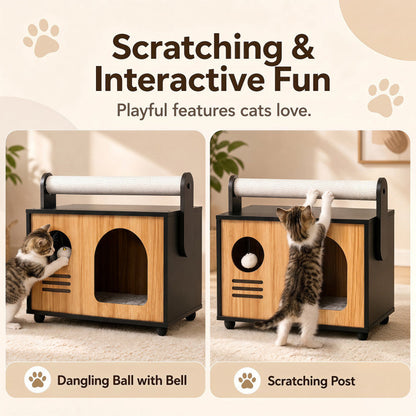 Wooden Cat House with Scratching Post