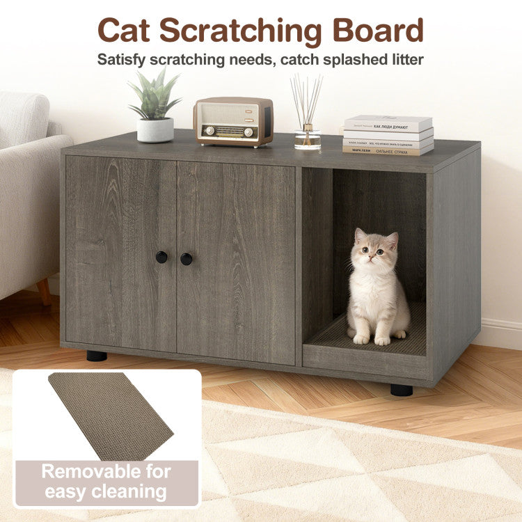 Wooden Cat Litter Box Enclosure Hidden Litter Box Furniture with Scratching Board
