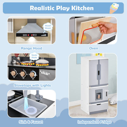 Wooden Chef Play Kitchen and Refrigerator with Realistic Range Hood and Roaster