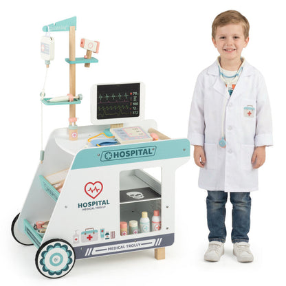 Wooden Doctor Playset for Kids Pretend Play Doctor Kit with Cart Gift for Toddlers Boys Girls Aged 3+