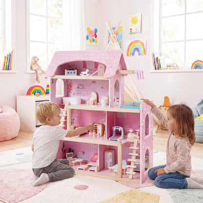 Wooden Dollhouse Kids DIY Pretend Playhouse with 33 PCS Furniture Accessories