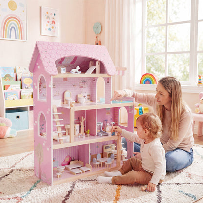 Wooden Dollhouse Kids DIY Pretend Playhouse with 33 PCS Furniture Accessories
