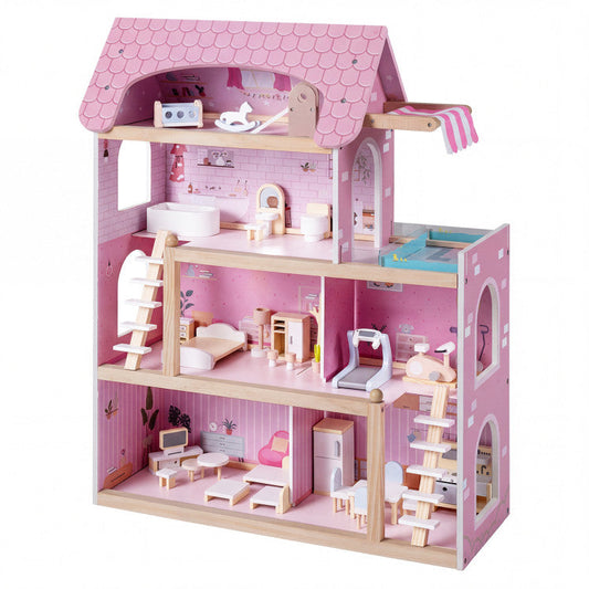 Wooden Dollhouse Kids DIY Pretend Playhouse with 33 PCS Furniture Accessories