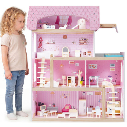 Wooden Dollhouse Kids DIY Pretend Playhouse with 33 PCS Furniture Accessories