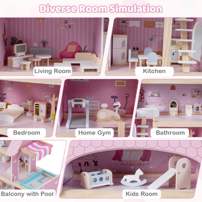 Wooden Dollhouse Kids DIY Pretend Playhouse with 33 PCS Furniture Accessories