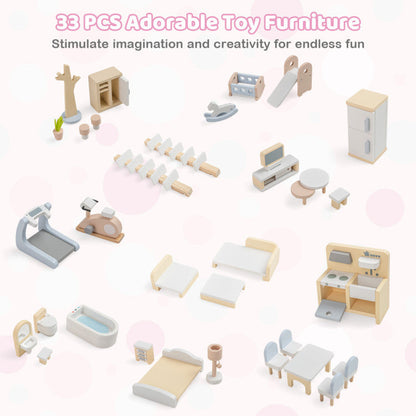 Wooden Dollhouse Kids DIY Pretend Playhouse with 33 PCS Furniture Accessories