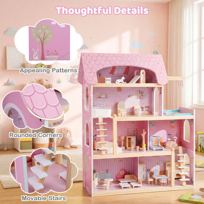 Wooden Dollhouse Kids DIY Pretend Playhouse with 33 PCS Furniture Accessories