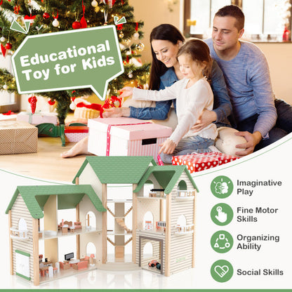 Wooden Corner Dollhouse Playset with 6 Rooms and 36 Pieces for Kids 3+ Years Old