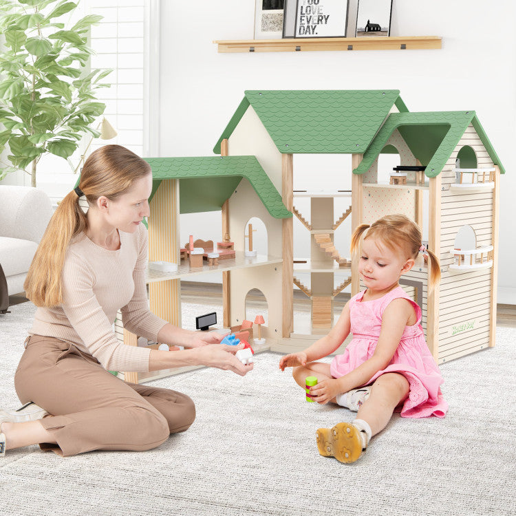 Wooden Corner Dollhouse Playset with 6 Rooms and 36 Pieces for Kids 3+ Years Old
