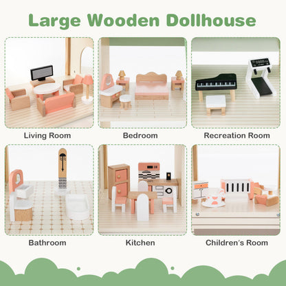 Wooden Corner Dollhouse Playset with 6 Rooms and 36 Pieces for Kids 3+ Years Old