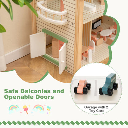 Wooden Corner Dollhouse Playset with 6 Rooms and 36 Pieces for Kids 3+ Years Old
