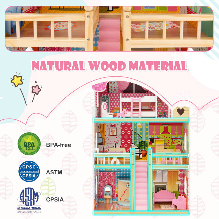 Doll House Playset with 3 Stories and 6 Simulated Rooms and 15 Pieces of Furniture