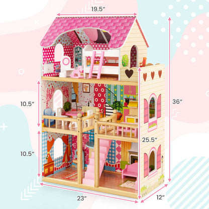 Doll House Playset with 3 Stories and 6 Simulated Rooms and 15 Pieces of Furniture