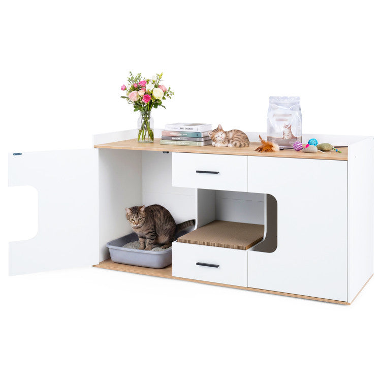 Wooden Hidden Cat House Cabinet with Wide Countertop 2 Drawers and 2 Doors