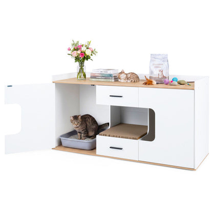 Wooden Hidden Cat House Cabinet with Wide Countertop 2 Drawers and 2 Doors