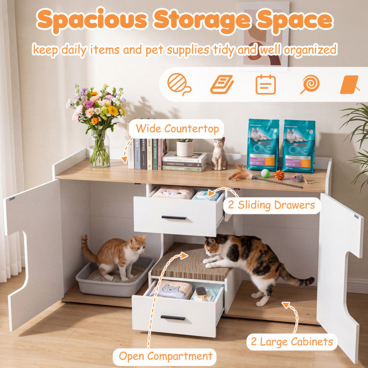 Wooden Hidden Cat House Cabinet with Wide Countertop 2 Drawers and 2 Doors