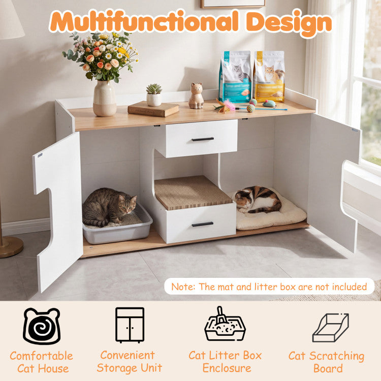 Wooden Hidden Cat House Cabinet with Wide Countertop 2 Drawers and 2 Doors