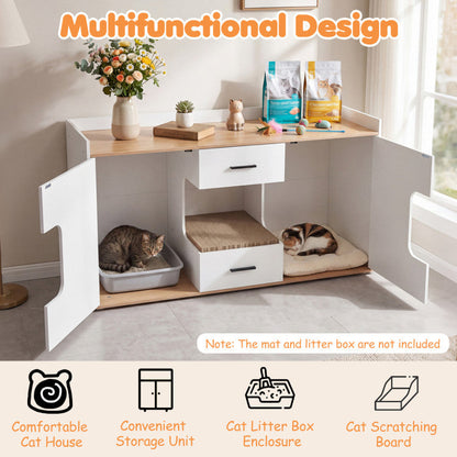 Wooden Hidden Cat House Cabinet with Wide Countertop 2 Drawers and 2 Doors
