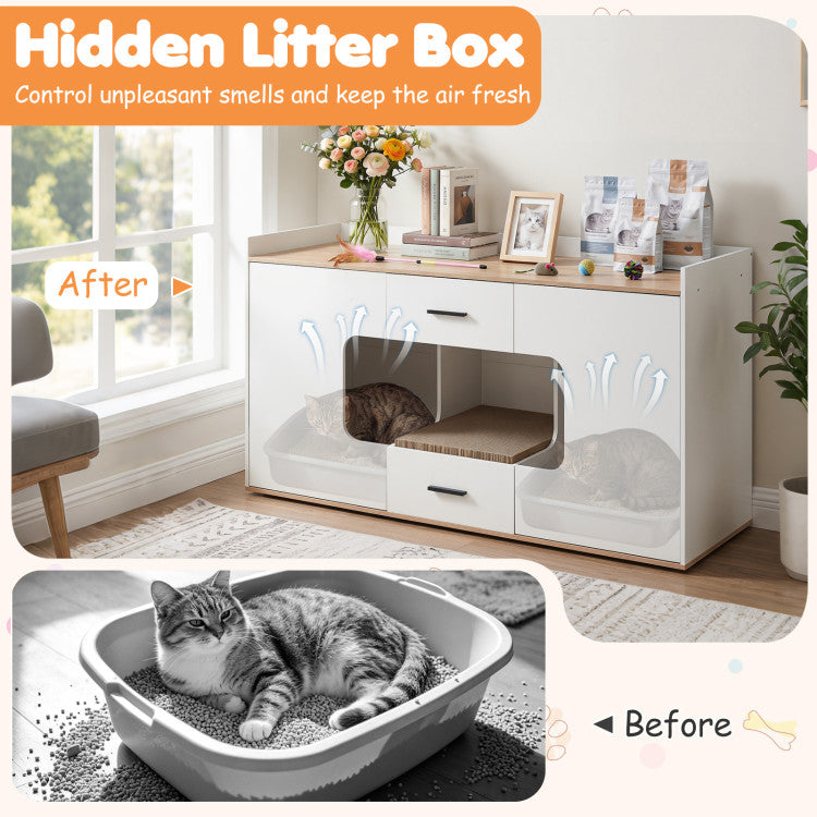 Wooden Hidden Cat House Cabinet with Wide Countertop 2 Drawers and 2 Doors