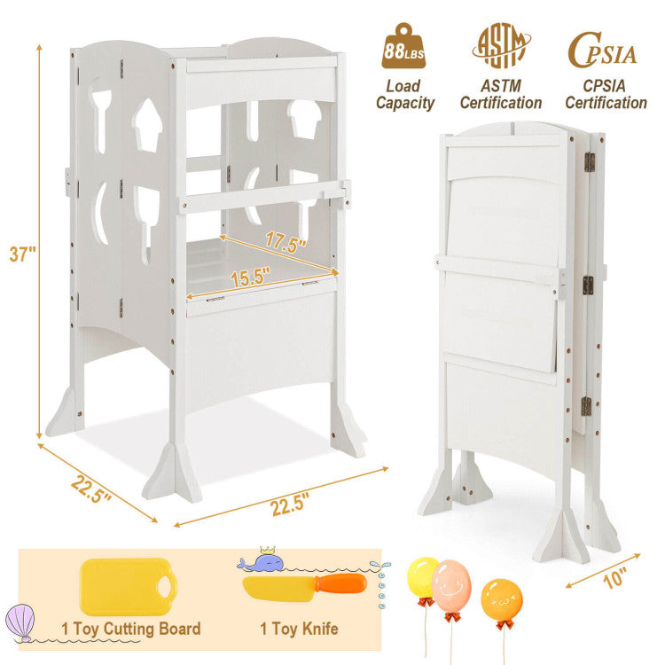 Folding Wooden Step Stool with Lockable Safety Rail for Toddler 3+