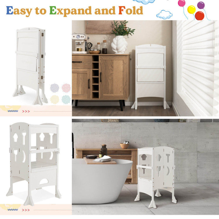 Folding Wooden Step Stool with Lockable Safety Rail for Toddler 3+