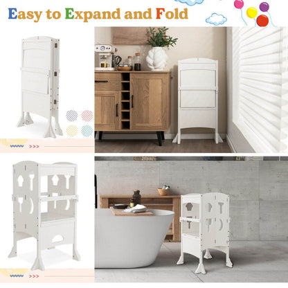Folding Wooden Step Stool with Lockable Safety Rail for Toddler 3+
