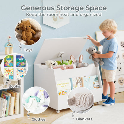 Wooden Mobile Toy Storage Organizer with Bookshelf and Lockable Wheels