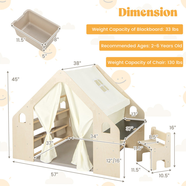 6-in-1 Kids Play Tent Playhouse with Blackboard 6 Storage Bins and Floor Cushion