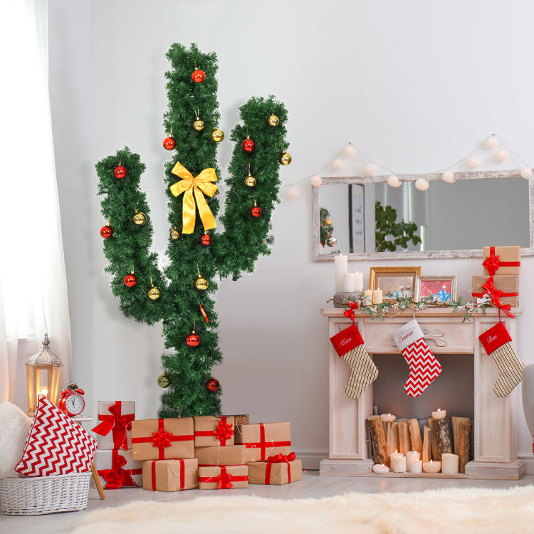 5/6/7 Feet Artificial Cactus PVC Christmas Tree with LED Lights and Ball Ornaments