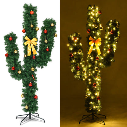 5/6/7 Feet Artificial Cactus PVC Christmas Tree with LED Lights and Ball Ornaments