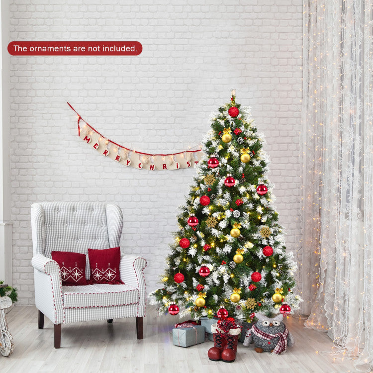 6/7.5/9 FT Pre-lit Snow Flocked Christmas Tree with Red Berries and 8 Lighting Modes