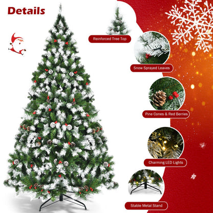 6/7.5/9 FT Pre-lit Snow Flocked Christmas Tree with Red Berries and 8 Lighting Modes