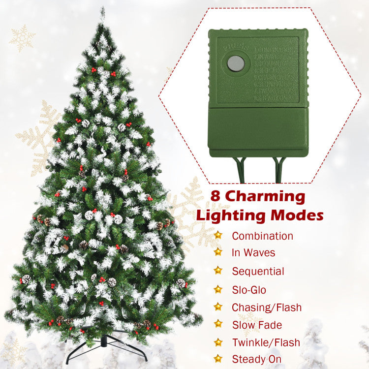 6/7.5/9 FT Pre-lit Snow Flocked Christmas Tree with Red Berries and 8 Lighting Modes