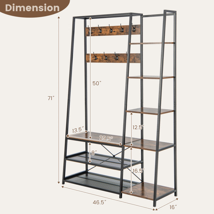 5-in-1 Entryway Hall Tree with Storage Bench with 9 Hooks