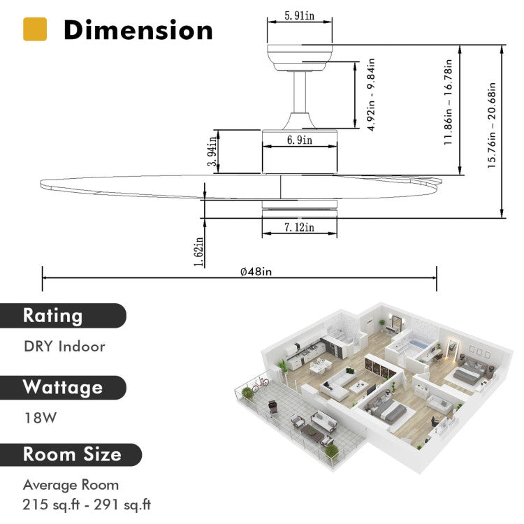 48 Inch Wood Ceiling Fan Indoor with LED Lights and 6 Speed Levels