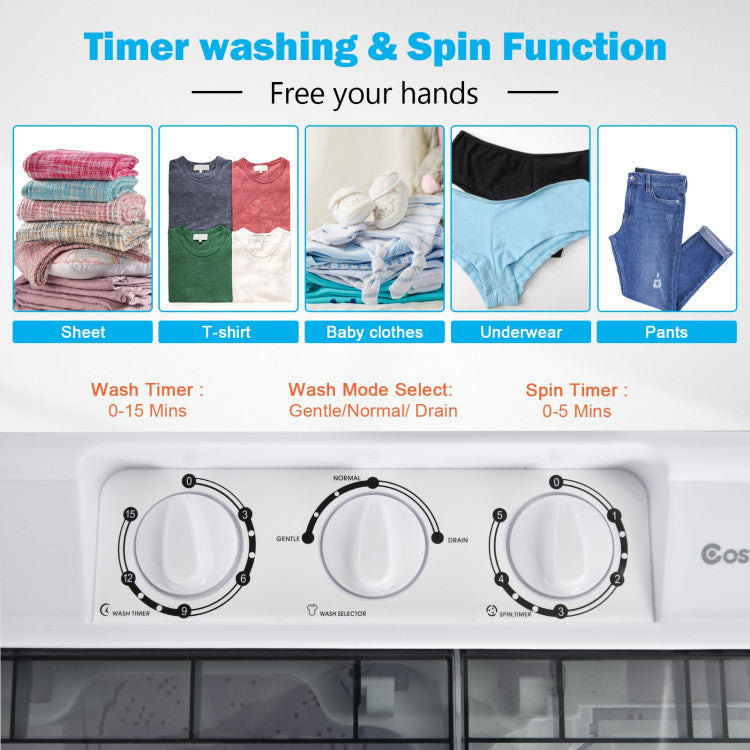Twin Tub Portable Washing Machine with Timer Control and Drain Pump for Apartment