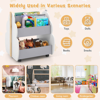 Kids Wooden Bookshelf with Universal Wheels