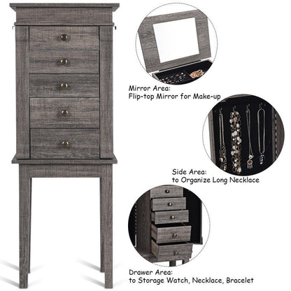 Standing Jewelry Cabinet with 5 Drawers and Top Flip Mirror