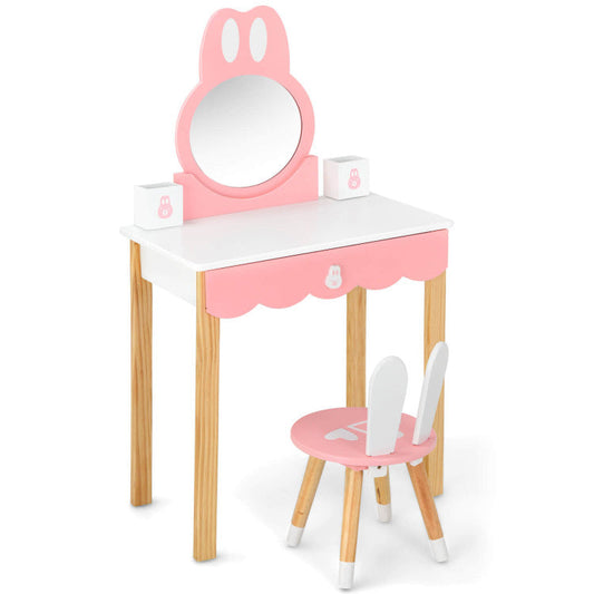 Kids Rabbit Vanity Table Chair Set with Mirror and Drawer